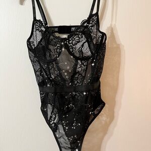 Sheer Black Lace Star-Print Chemise Bodysuit